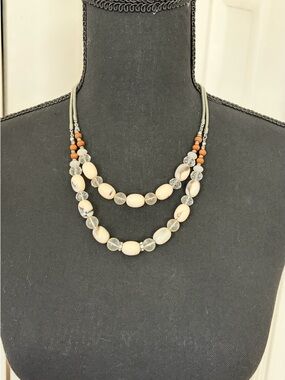LOFT Boho Mixed Media Necklace | Wood, Clear & Cream Stone Beads